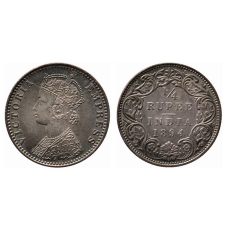 Victoria Empress, Silver ¼ Rupee, 1894, Bombay Mint, C(i)/I, B incused. GK 726. Extremely 