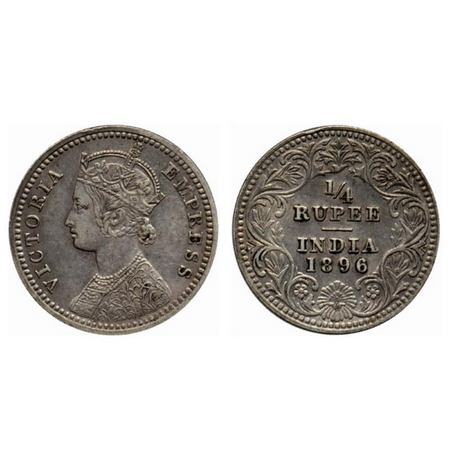 Victoria Empress, Silver ¼ Rupee, 1896, Calcutta Mint, C/II, C incused. GK 728. Very Fine.