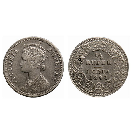 Victoria Empress, Silver ¼ Rupee, 1896, Calcutta Mint, C/II, C incused. GK 728. About Very