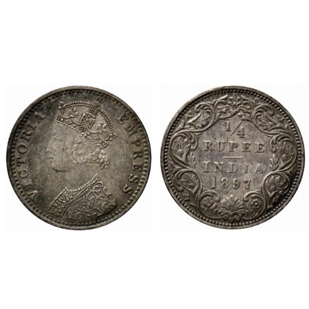 Victoria Empress, Silver ¼ Rupee, 1897, Bombay Mint, C(i)/I, B incused. GK 731. About Very