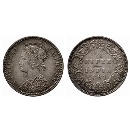 Victoria Empress, Silver ¼ Rupee, 1897, Bombay Mint, C(i)/I, B incused. GK 731. Extremely 