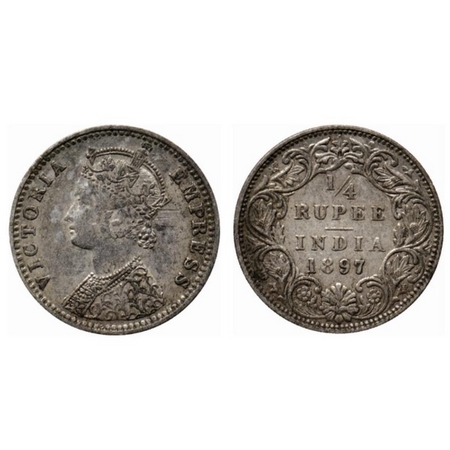 Victoria Empress, Silver ¼ Rupee, 1897, Bombay Mint, C(i)/I, B incused. GK 731. About Very