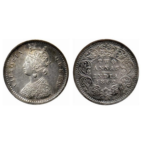Victoria Queen, Silver 2 Annas, 1862, Madras Mint (15.96mm), A/I, bottom flower center top