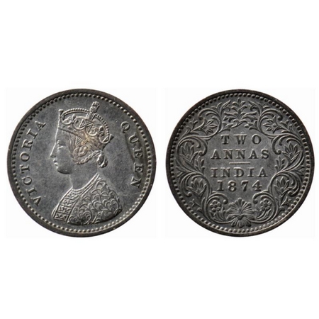 Victoria Queen, Silver 2 Annas, 1874, Bombay Mint, A/I, no mint mark. GK 738. Very Fine, S