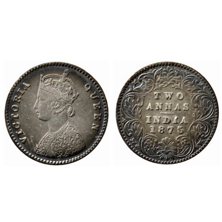 Victoria Queen, Silver 2 Annas, 1875, Calcutta Mint, A/I, no mint mark. GK 741. Very Fine,