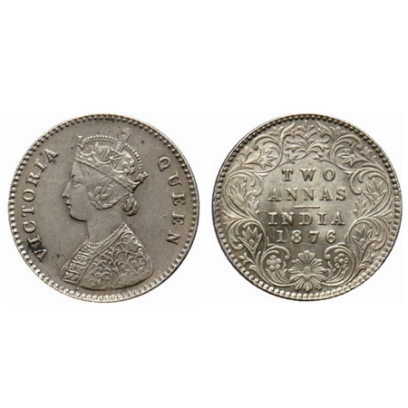 Victoria Queen, Silver 2 Annas, 1876, Calcutta Mint, A/I, no mint mark, die cracks on obve