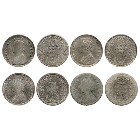 Victoria Queen/Empress, Silver 2 Annas (4 Coins), 1875 Calcutta Mint A/I no mint mark, 187
