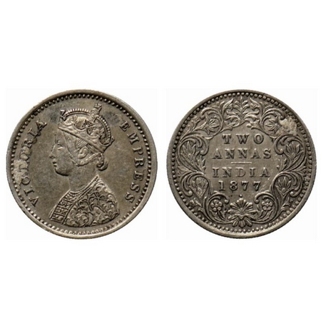 Victoria Empress, Silver 2 Annas, 1877, Bombay Mint, A/I, dot. GK 746. Very Fine+ details.