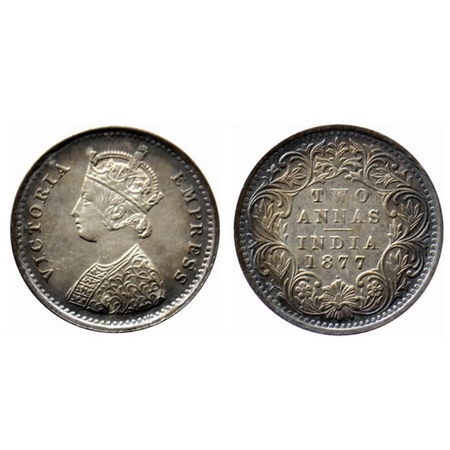 Victoria Empress, Silver 2 Annas, 1877, Bombay Mint, A/I, dot. GK 746. Extremely Fine, Sca