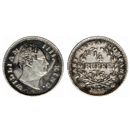 William IV, Silver ¼ Rupee, 1835, Calcutta Mint, A/III, F raised hardly seen at the trunca