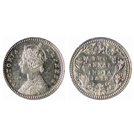 Victoria Empress, Silver 2 Annas, 1878, Calcutta Mint, B/II, no mint mark, 15.4 mm. GK 751