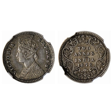 Victoria Empress, Silver 2 Annas, 1878, Calcutta Mint, B/II, no mint mark. GK 751. NGC Sla