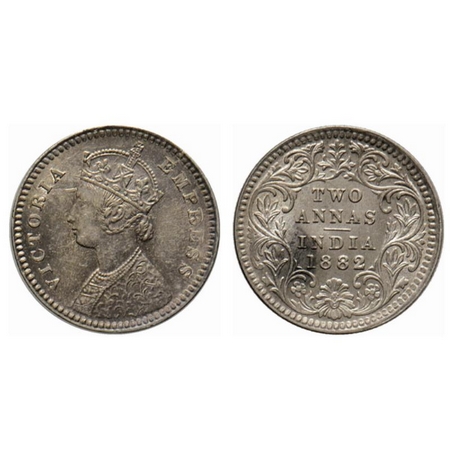 Victoria Empress, Silver 2 Annas, 1882, Calcutta Mint, B/II, C incused at bottom. Ghost on