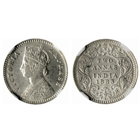 Victoria Empress, Silver 2 Annas, 1883, Calcutta Mint, B/II, C incused at bottom. GK 768. 