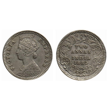 Victoria Empress, Silver 2 Annas, 1883, Calcutta Mint, B/II, C incused at bottom, Die crac