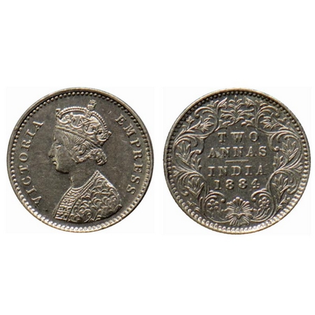 Victoria Empress, Silver 2 Annas, 1884, Bombay Mint, A/I, no dot. GK 769. Extremely Fine+.