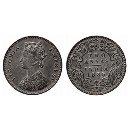 Victoria Empress, Silver 2 Annas, 1885, Bombay Mint, A/I, B raised. GK 777. Very Fine, Sca