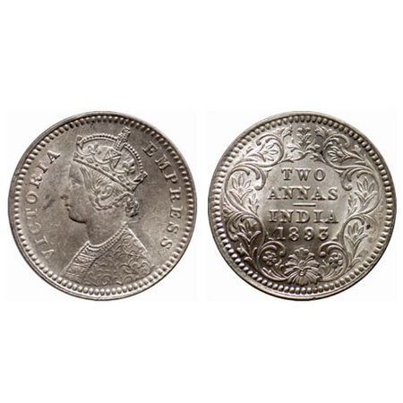 Victoria Empress, Silver 2 Annas, 1893, Calcutta Mint, B/II, C incused, ghost on obverse a