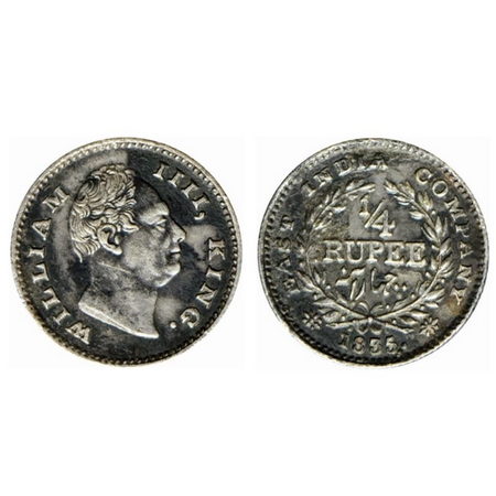 William IV, Silver ¼ Rupee, 1835, Calcutta Mint, A/III, F raised hardly seen at the trunca