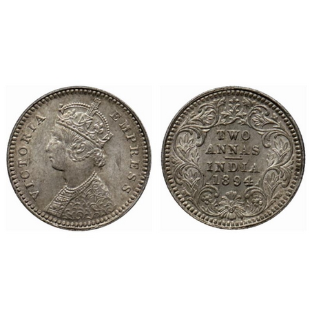 Victoria Empress, Silver 2 Annas, 1894, Calcutta Mint, B/II, C incuse, Letter 'A' and 'I' 