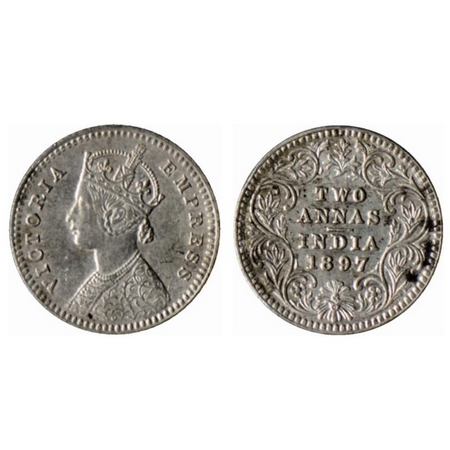 Victoria Empress, Silver 2 Annas, 1897, Calcutta Mint, B/II, C incused. GK 807. Very Fine.