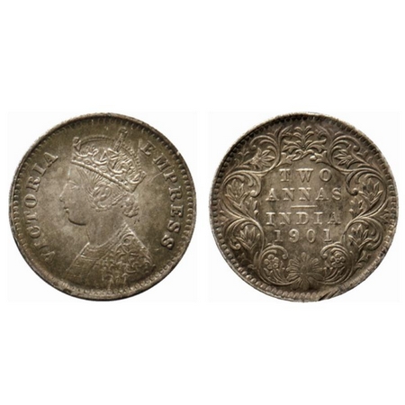 Victoria Empress, Silver 2 Annas, 1901, Bombay Mint, B/I, B incused. GK 816. Extremely Fin