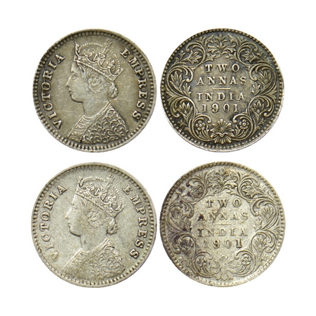 Victoria Empress, Silver 2 Annas (2 Coins), 1901, Bombay Mint, B/I, B incused. GK 816. Abo