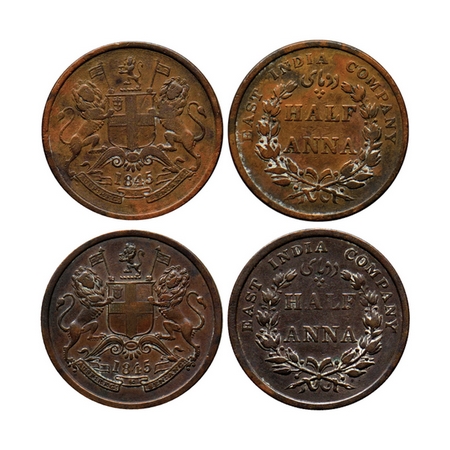Victoria Queen, Copper Half Anna (2 Coins), 1845 Calcutta Mint, (i) obverse A, cross bar o