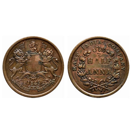Victoria Queen, Copper Half Anna, 1845 Calcutta Mint, obverse A, cross bar of numeral 4 of