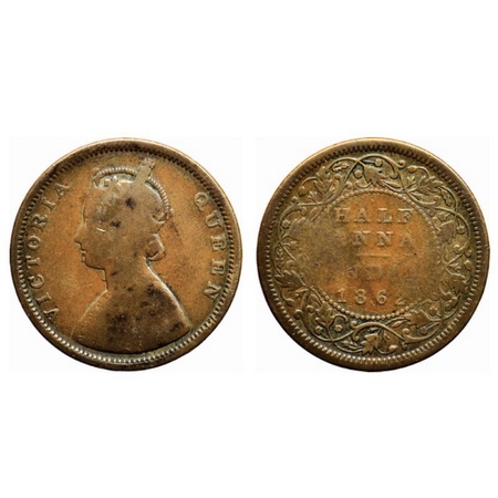 Victoria Queen, Copper Half Anna, 1862, Calcutta Mint, Slanting top of numeral 1 in date, 