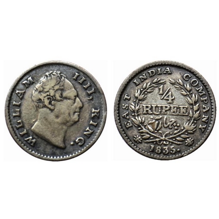 William IV, Silver ¼ Rupee, 1835, Calcutta Mint, A/III, F raised hardly seen at the trunca