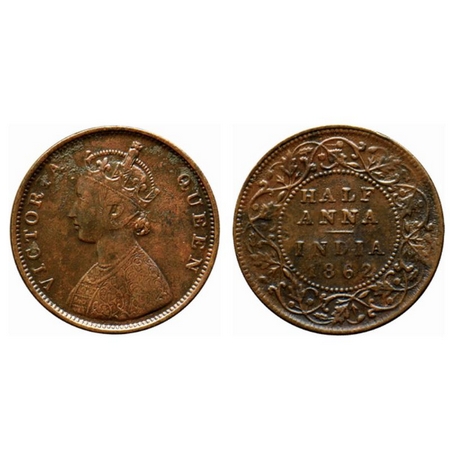 Victoria Queen, Copper Half Anna, 1862 Madras Mint (30.74mm). A/I. smudged type flowers on