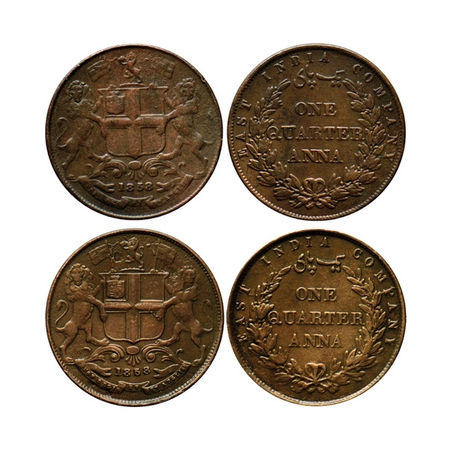 Victoria Queen, Copper Quarter Anna (2 Coins), 1858 Heaton Mint, wreath top tips ends with