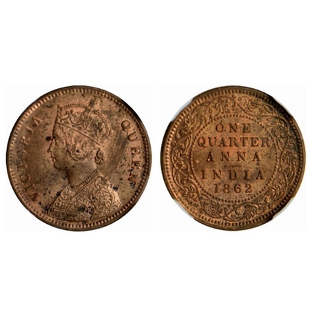 Victoria Queen, Copper Quarter Anna, 1862, Calcutta Mint, A/I. F.Prid. 601. NGS Slabbed MS