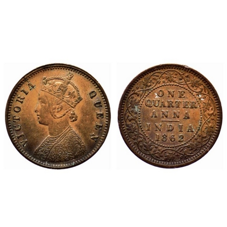 Victoria Queen, Copper Quarter Anna, 1862, Calcutta Mint, A/I. GK 394. Extra Fine, Scarce.