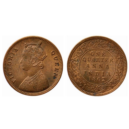 Victoria Queen, Copper Quarter Anna, 1862, Calcutta Mint, A1/1, tiny 'V' raised, 25.34mm. 