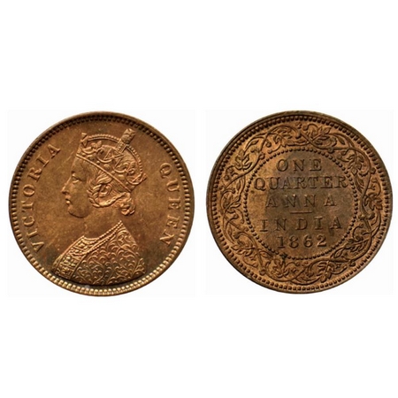 Victoria Queen, Copper Quarter Anna, 1862, Bombay Mint, A/I, tiny 'V' incused, 25.45mm. GK