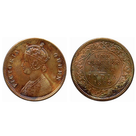 Victoria Queen, Copper Quarter Anna, 1862, Calcutta Mint, A/I, dot below numeral 8. GK 398