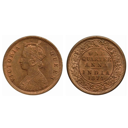 Victoria Queen, Copper Quarter Anna, 1874, Calcutta Mint, B/II, no mint mark. GK 823. Extr