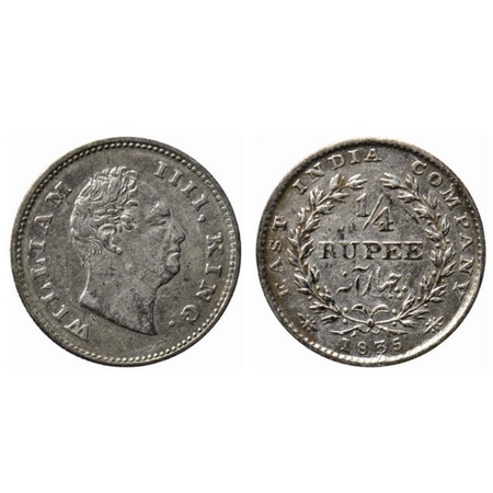 William IV, Silver ¼ Rupee, 1835, Bombay Mint, A/I, No initial at the truncation at the Ki