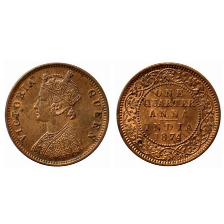 Victoria Queen, Copper Quarter Anna, 1874, Calcutta Mint, B/II, no mint mark. GK 823. Almo