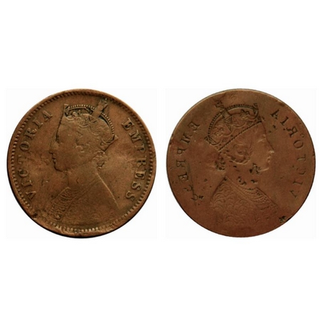 Victoria Empress, Copper Quarter Anna, Obverse Brokage/lakhi. Very Fine, Details. Rare.