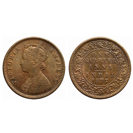 Victoria Empress, Copper Quarter Anna, 1877, Calcutta Mint, /II, No mint mark. GK 829. Ver