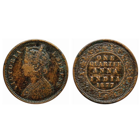 Victoria Empress, Copper Quarter Anna, 1877 Calcutta Mint, B/II, no mint mark. GK 829. Fin