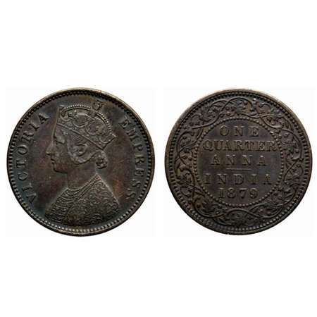 Victoria Empress, Copper Quarter Anna, 1879, Calcutta Mint, B/II, C incused. GK 831. Extre