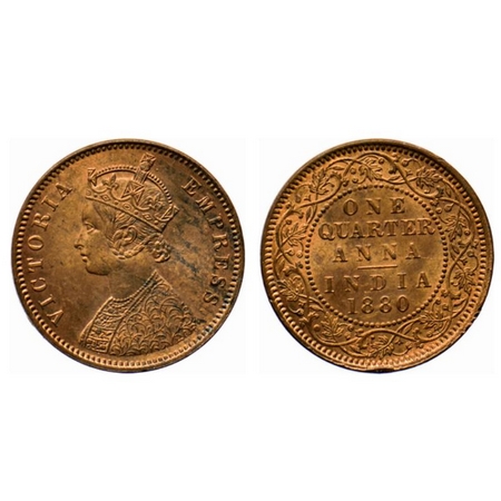 Victoria Empress, Copper Quarter Anna, 1880, Calcutta Mint, B/II, C incused. GK 833. Almos