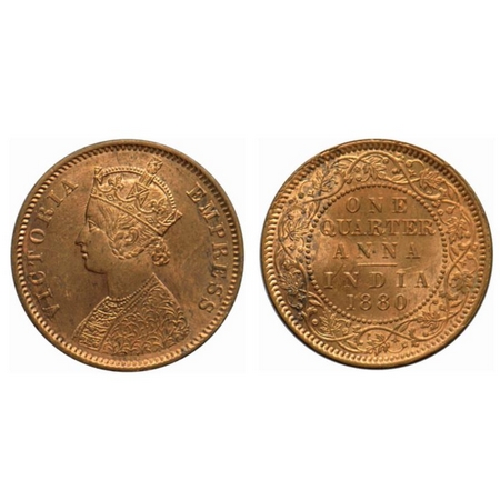 Victoria Empress, Copper Quarter Anna, 1880, Calcutta Mint, B/II, 'C' incuse, ghost on rev