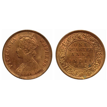 Victoria Empress, Copper Quarter Anna, 1882, Calcutta Mint, B/II, no mint mark. Nick on th