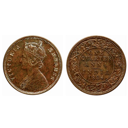 Victoria Empress, Copper Quarter Anna, 1884, Bombay Mint, B/I, no mint mark. GK 838. Very 