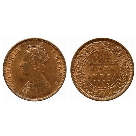 Victoria Empress, Copper Quarter Anna, 1885, Calcutta Mint, B/II, 'C' incused. GK 840. Ext